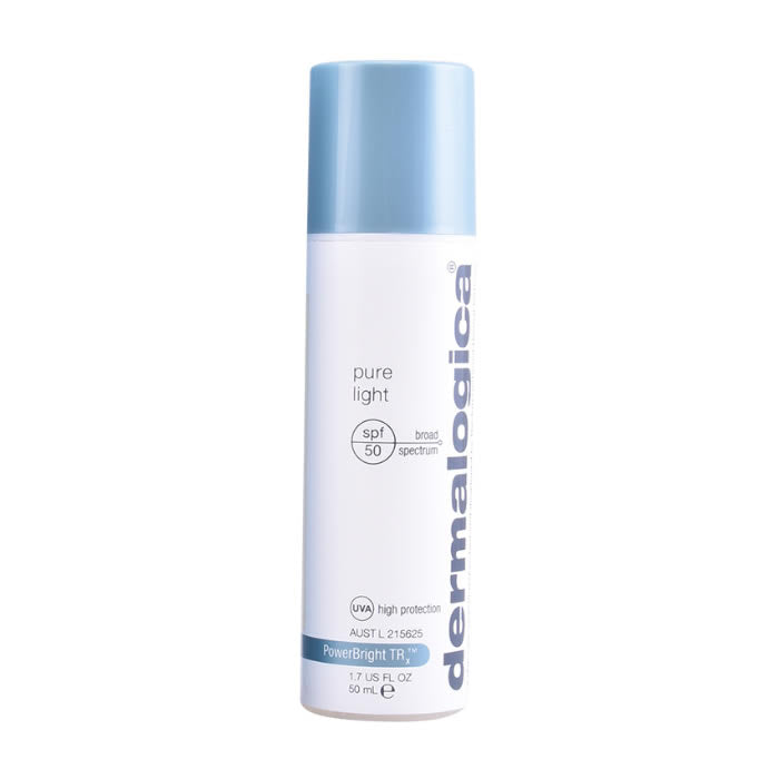 Dermalogica Power Bright TRx Pure Light SPF50 50ml bottle, featuring sleek packaging with a white and blue design.