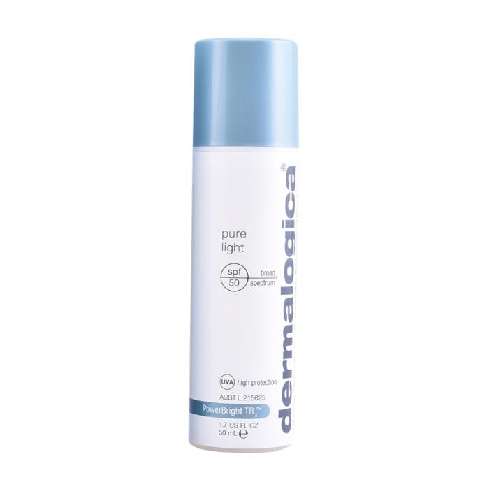 Dermalogica Power Bright TRx Pure Light SPF50 50ml skincare product in a sleek white tube with blue accents.