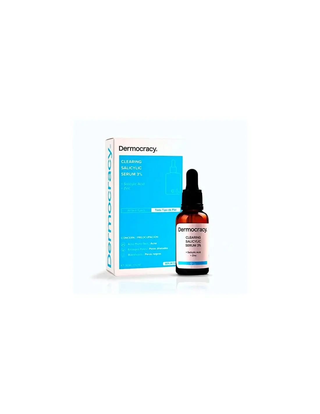 Dermocracy 2 Salicylic Acid and Zinc Facial Serum by Jag Couture London, 30ml bottle with clear liquid in a dropper bottle.