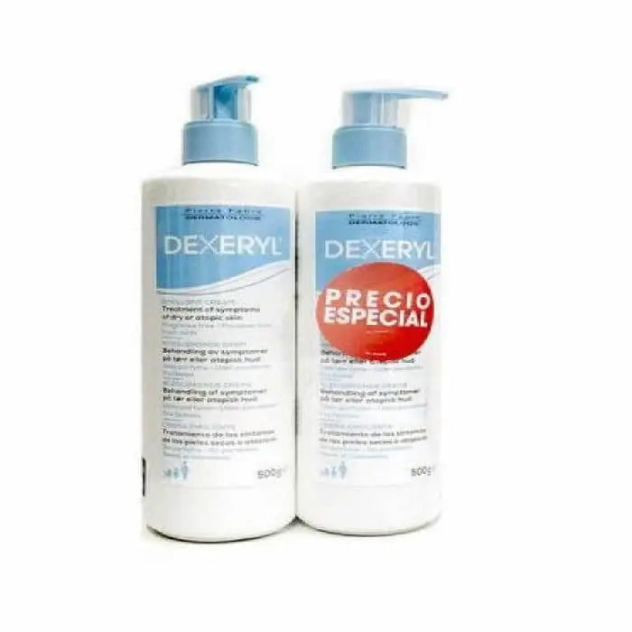Dexeryl emollient cream for dry skin, 2x500g, in a white jar with blue and green labeling, by Jag Couture London New York.