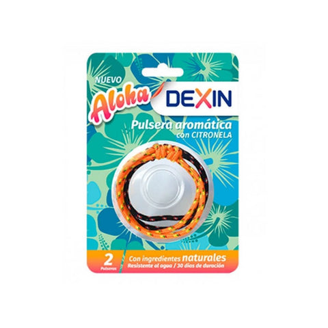 Two Dexin Aloha mosquito bracelets by Jag Couture London and New York, featuring colorful woven designs for insect repellent.