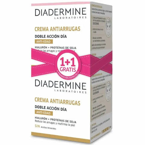 Set of two Diadermine Double Action Anti-Wrinkle Day Cream jars, 50ml each, by Jag Couture London - New York, for youthful skin.