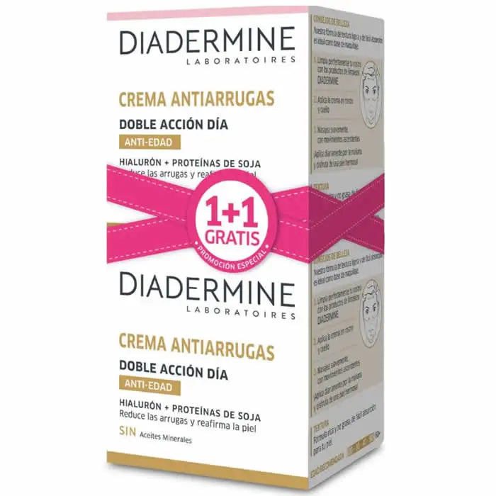 Set of two Diadermine Double Action Anti-Wrinkle Day Cream 50ml jars by Jag Couture London - New York, featuring moisturizing and firming formula.