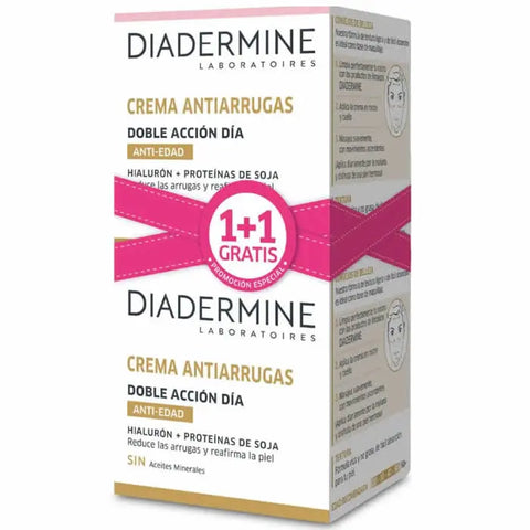 Diadermine Double Action Anti-Wrinkle Day Cream 50ml set of 2 bottles, featuring a nourishing skincare product from Jag Couture London.