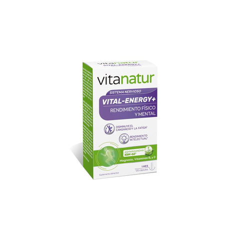 Diafarm Vitanatur Vital Energy 120 capsules bottle from Jag Couture London featuring colorful label and supplement capsules.