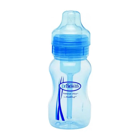 Blue Dr Brown's Wide Neck Baby Bottle, 240ml, featuring anti-colic vent system, designed for easy feeding.