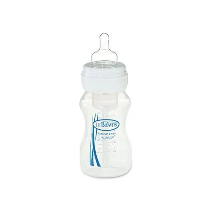 Dr. Brown’s wide neck baby bottle, 270ml, by Jag Couture London New York, with clear plastic and measurement markings visible