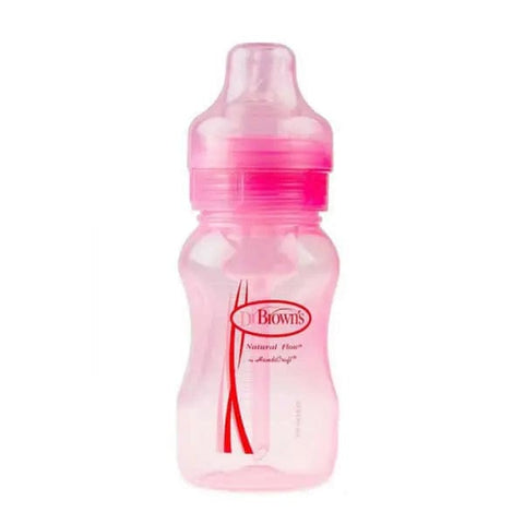 Dr Brown's Wide Neck Pink Baby Bottle, 240ml, by Jag Couture London New York, with clear measurement markings and pink cap.