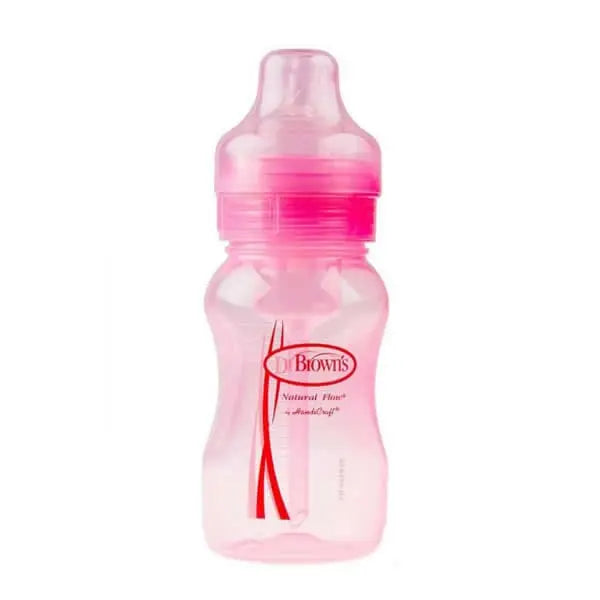 Dr Brown's wide neck pink baby bottle with 240ml capacity, featuring clear measurement markings and ergonomic design.