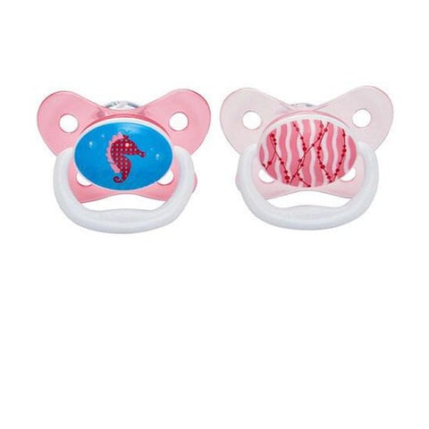 Two Dr. Brown's Prevent Butterfly Soothers T3 for 12 months from Jag Couture London - New York, shown in packaging with butterfly design.