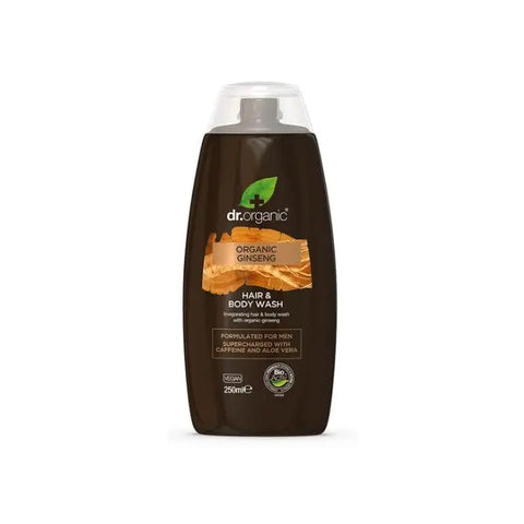 Jag Couture London New York Dr. Organic Ginseng Hair and Body Wash 250ml bottle with label and transparent cap.