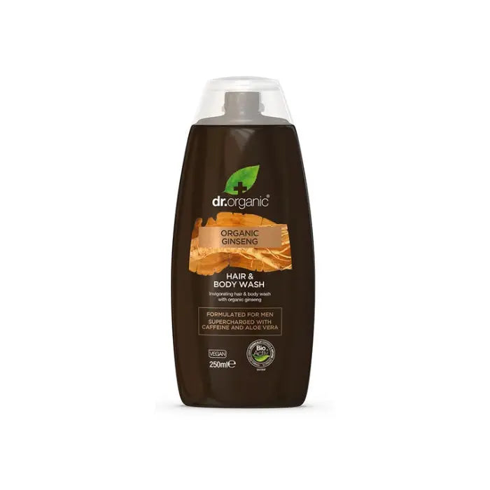 Jag Couture London New York Dr. Organic Ginseng Hair and Body Wash 250ml bottle, featuring a sleek label design and pump dispenser.