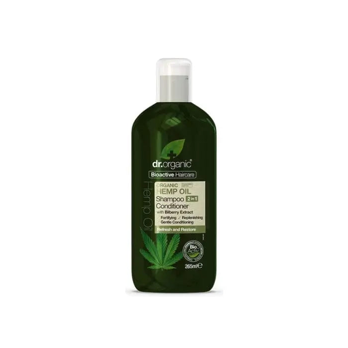 Jag Couture London Hemp Oil 2-in-1 shampoo and conditioner bottle, 265ml, with natural hemp oil for hair care.