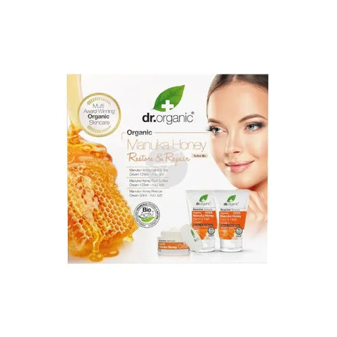 Dr. Organic Manuka Honey Restore & Repair Set by Jag Couture London - New York, featuring skincare products with honey ingredients.