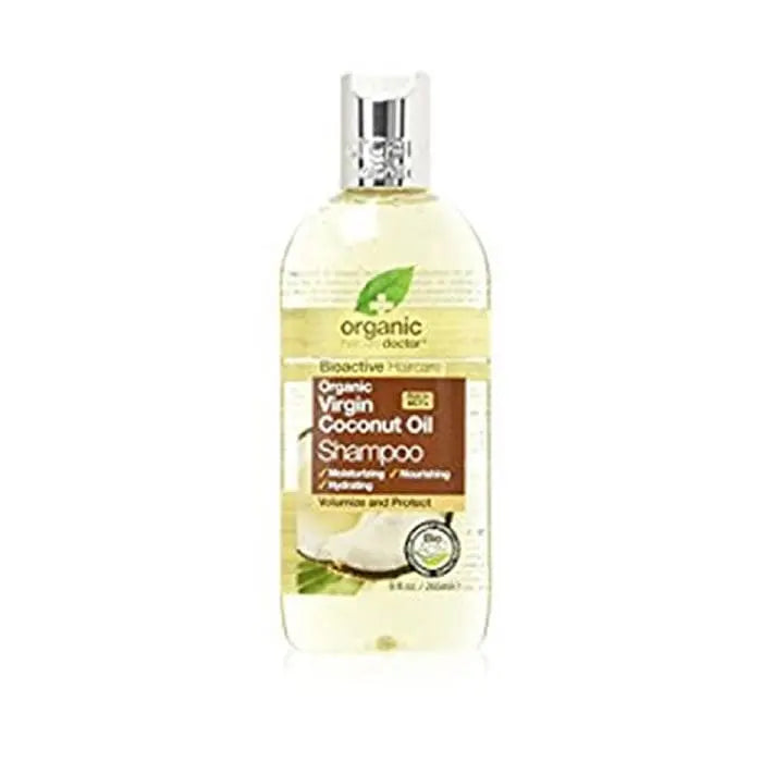 Dr.Organic Virgin Coconut Oil Shampoo 265ml bottle with label, placed on a white background, showcasing natural hair care.