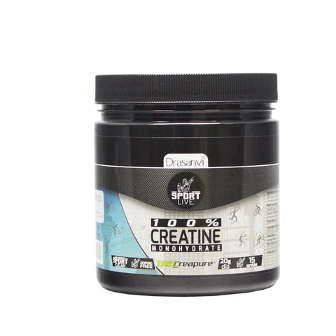 Creatina 300g Sport Live supplement by Drasanvi, in a container with green label, on a white background.
