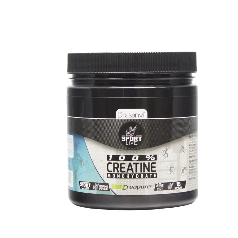Jar of Drasanvi Creatina 300g Sport Live supplement with label visible, placed on a clean surface.