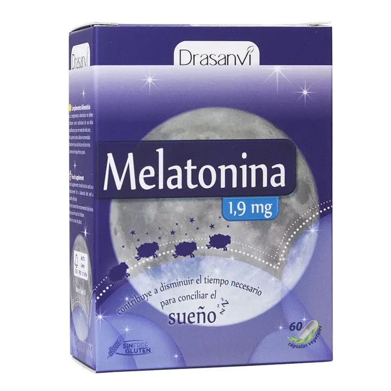 Jag Couture London - New York Drasanvi Melatonina 60 capsules of 1.9 mg, showing the supplement bottle with label and caps.