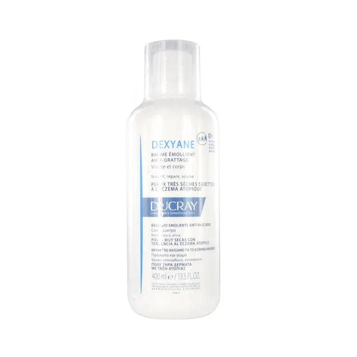 Ducray Dexyane Anti-Scratching Emollient Cream 400ml jar with cream inside, designed to soothe and hydrate dry skin.