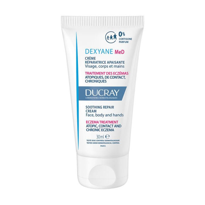 Ducray Dexyane Med soothing eczema cream in 30ml tube, designed for sensitive skin relief and skin hydration.