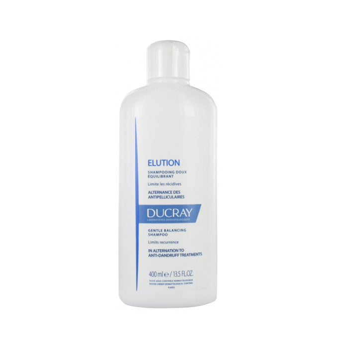 Ducray Elution Rebalancing Shampoo 400ml bottle from Jag Couture London - New York, with white and purple packaging and pump dispenser.