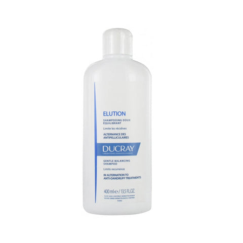 Ducray Elution Rebalancing Shampoo 400ml bottle from Jag Couture London - New York, with white and purple packaging and pump dispenser.