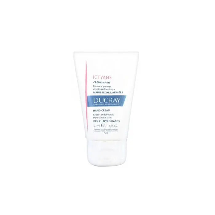 Ducray Ictyane Hand Cream in 50ml tube, shown with smooth, moisturized hands and the product packaging.