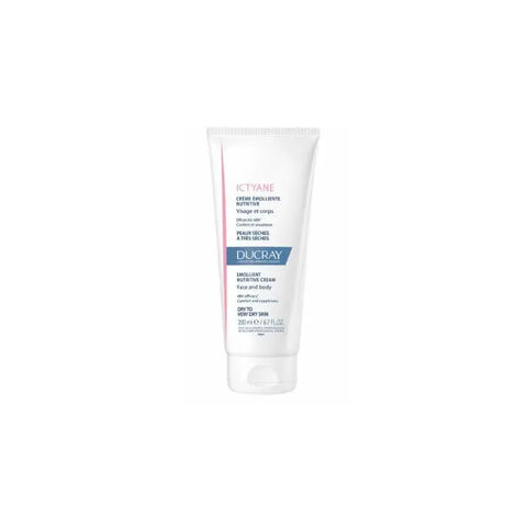 Ducray Ictyane Nourishing Emollient Cream 200ml jar with creamy texture for dry skin care.