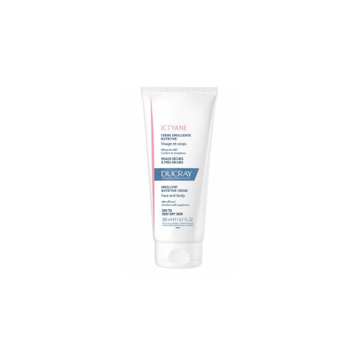 Ducray Ictyane Nourishing Emollient Cream in 200ml jar, moisturizing skincare product with a white and blue container.