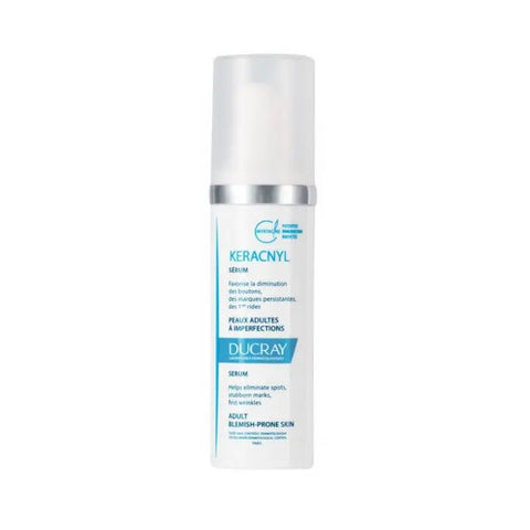 Ducray Keracnyl Serum 30ml in a sleek bottle, designed for acne-prone skin, displayed with branding from Jag Couture London and New York.