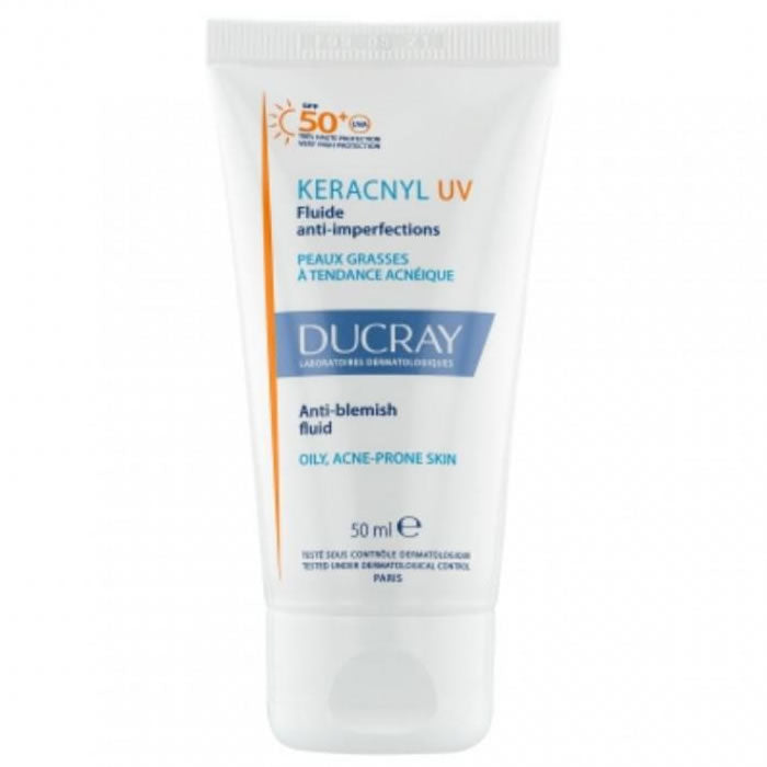 Ducray Keracnyl UV SPF50 cream in 50ml tube, shown in a sleek packaging, designed for skincare and sun protection.