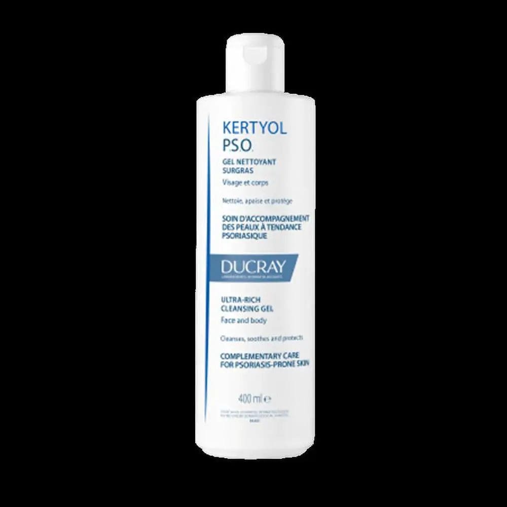 Ducray Kertyol Pso Surgras Gel 400ml, a gentle skin cleansing gel with soothing properties, displayed in a clean, minimalist bottle.