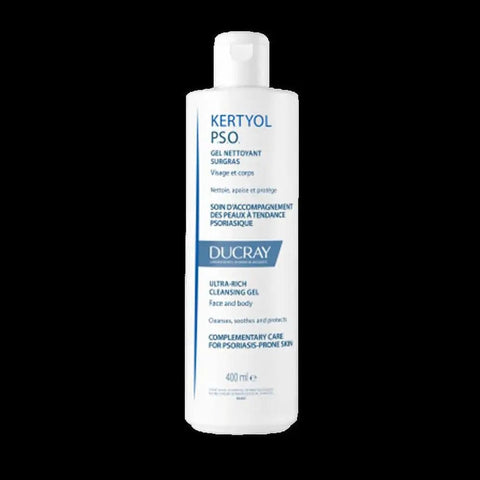 Ducray Kertyol Pso Surgras Gel 400ml, a gentle skin cleansing gel with soothing properties, displayed in a clean, minimalist bottle.