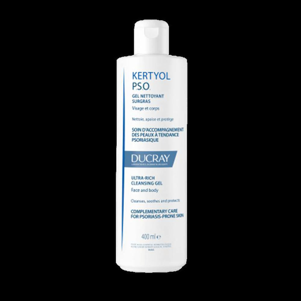 Ducray Kertyol Pso Surgras Gel 400ml, soothing skin care product with a gentle cleansing gel for psoriasis-prone skin.