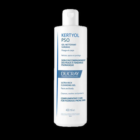 Ducray Kertyol Pso Surgras Gel 400ml, soothing skin care product with a gentle cleansing gel for psoriasis-prone skin.