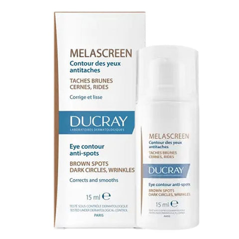 Ducray Melascreen Anti-spot Eye Contour cream in 15ml jar, featuring a sleek container with a white lid and product label.
