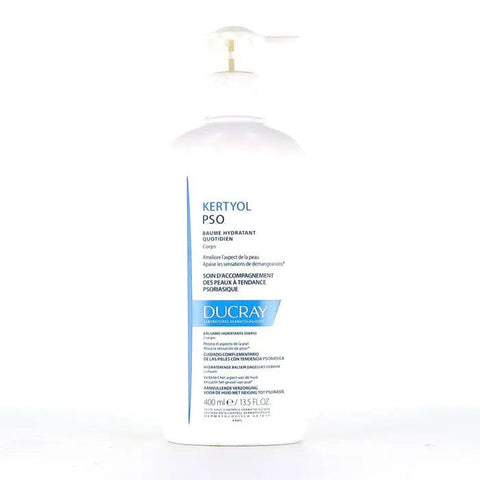 Ducray Packkertyol Pso Balsamo Hidrat 400ml, moisturizing skincare product with a white bottle and blue label.