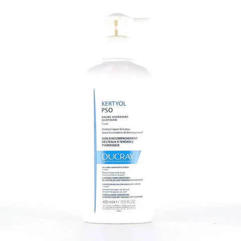 Ducray Packkertyol Pso Balsamo Hidrat 400ml, moisturizing skincare product with soothing properties, in a white bottle.