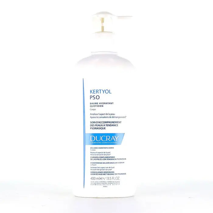 Ducray Packkertyol Pso Balsamo Hidrat 400ml bottle, moisturizing skin care product with a white pump dispenser.