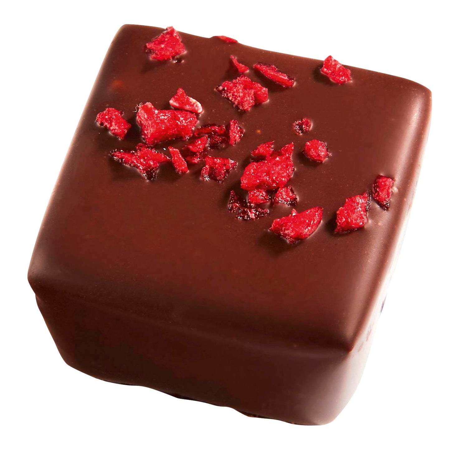 Dumas raspberry ganache in dark chocolate by Jag Couture London-New York, 11.3g, showing a close-up of the chocolate treat.