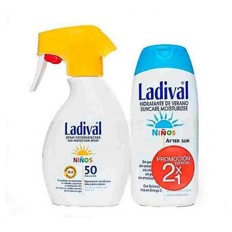 Duplo protector solar para niños SPF 50 en spray Ladival, aftersun para piel sensible, by Jag Couture London New York.