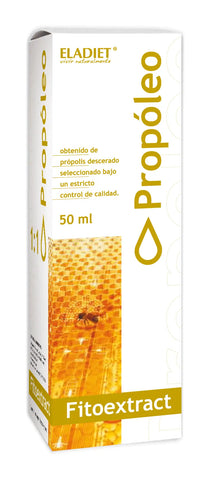 Eladiet Fitoextrac Propoleo 50ml bottle with herbal extract, displayed in a clear container with labels showing product details.