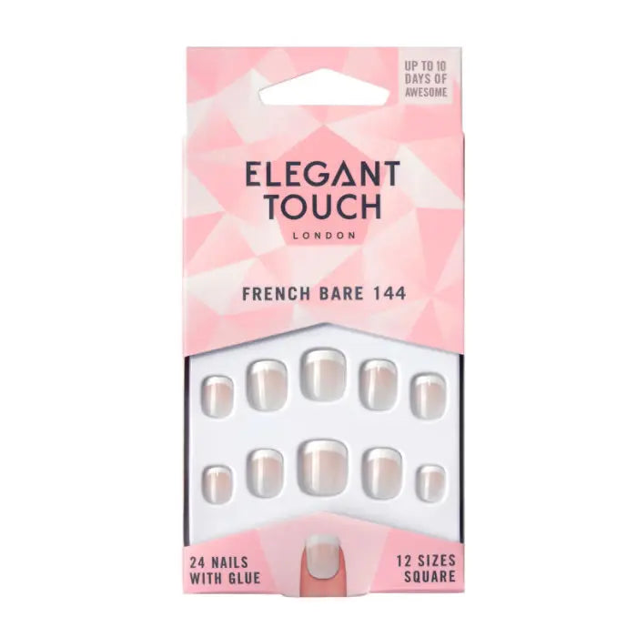 Natural French bare acrylic nails in XS length with Elegant Touch brand, displayed on a hand with manicured fingers.
