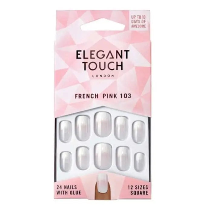 Medium Elegant Touch Natural French Pink 103 artificial nail tips by Jag Couture London New York, showcasing a soft pink French manicure style.