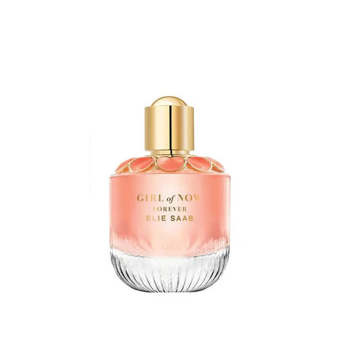 Elie Saab Girl Of Now Forever 90ml perfume bottle with elegant pink and gold design, displayed on a white background.