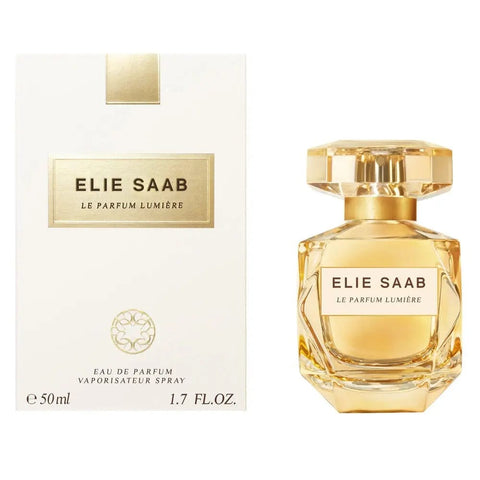 Elie Saab Le Parfum Lumiere EPV 50ml perfume bottle, elegant glass design, on a neutral background, showcasing the luxurious fragrance.