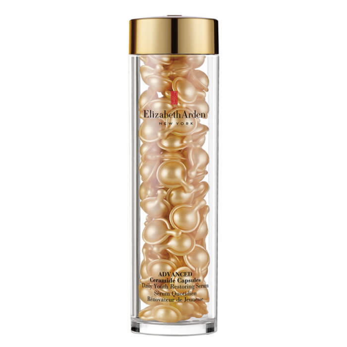 Elizabeth Arden Advanced Ceramide Daily Youth Restoring Serum capsules in a sleek bottle with 90 capsules for skincare.