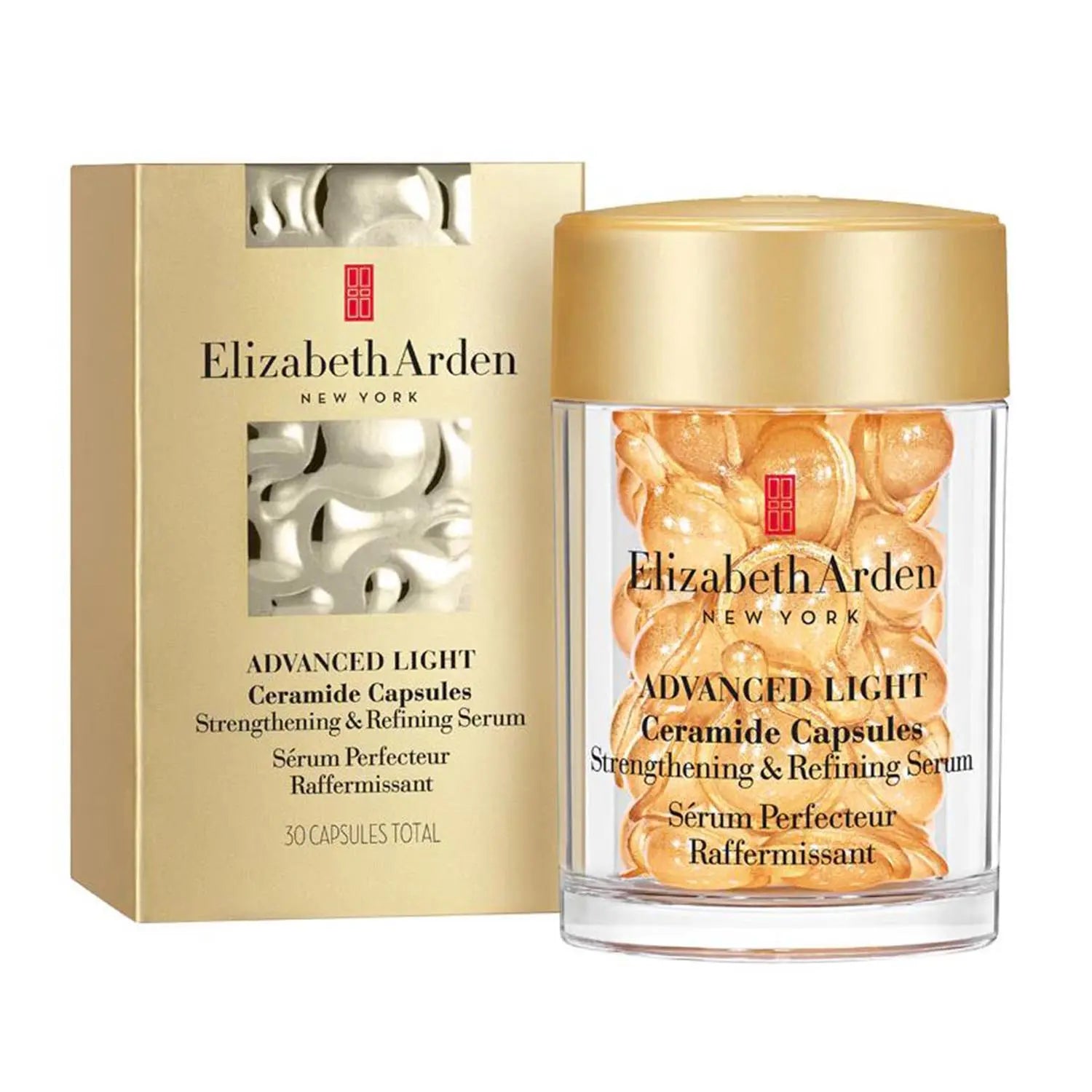 Elizabeth Arden Advanced Light Ceramide Serum Capsules in a jar, featuring 30 capsules for skincare nourishment and hydration.