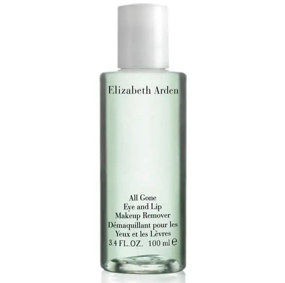 Elizabeth Arden All Gone Eye and Lip Make Up Remover 100ml bottle, clear liquid remover for eyes and lips, branded by Jag Couture London.