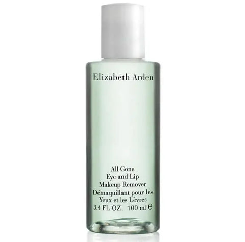 Elizabeth Arden All Gone Eye and Lip Make Up Remover 100ml by Jag Couture London, with a clear bottle and label on a white background.